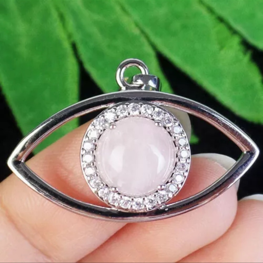 Wrapped silver Rhinestone Rose Quartz eye Olivary necklace